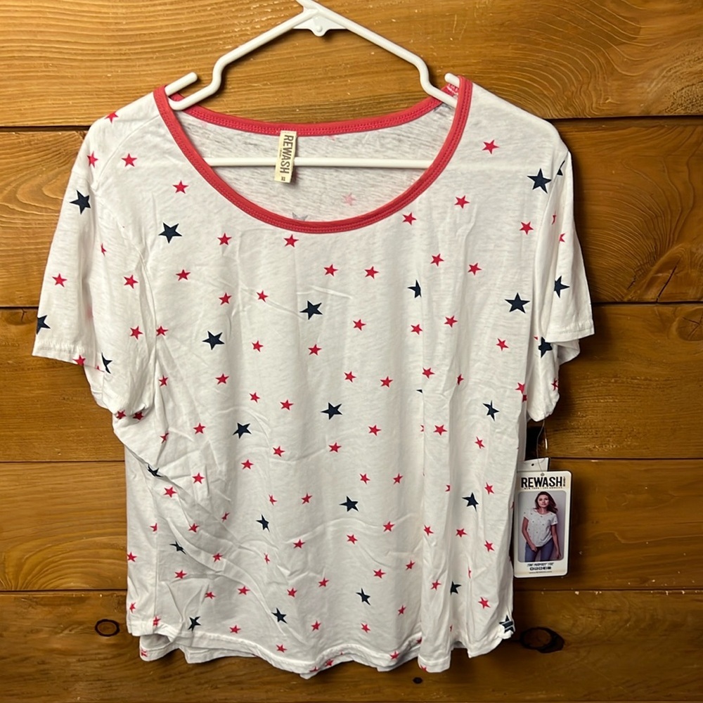 Rewash women’s T-shirt XL short sleeve red blue stars Americana Fourth‎ of July